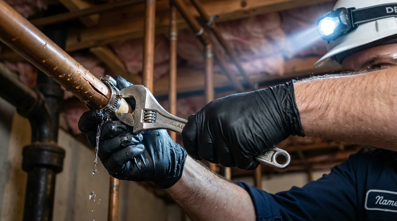 Emergency pipe clamp repair being performed by a Johns Plumbing LLC plumber in Kinderhook