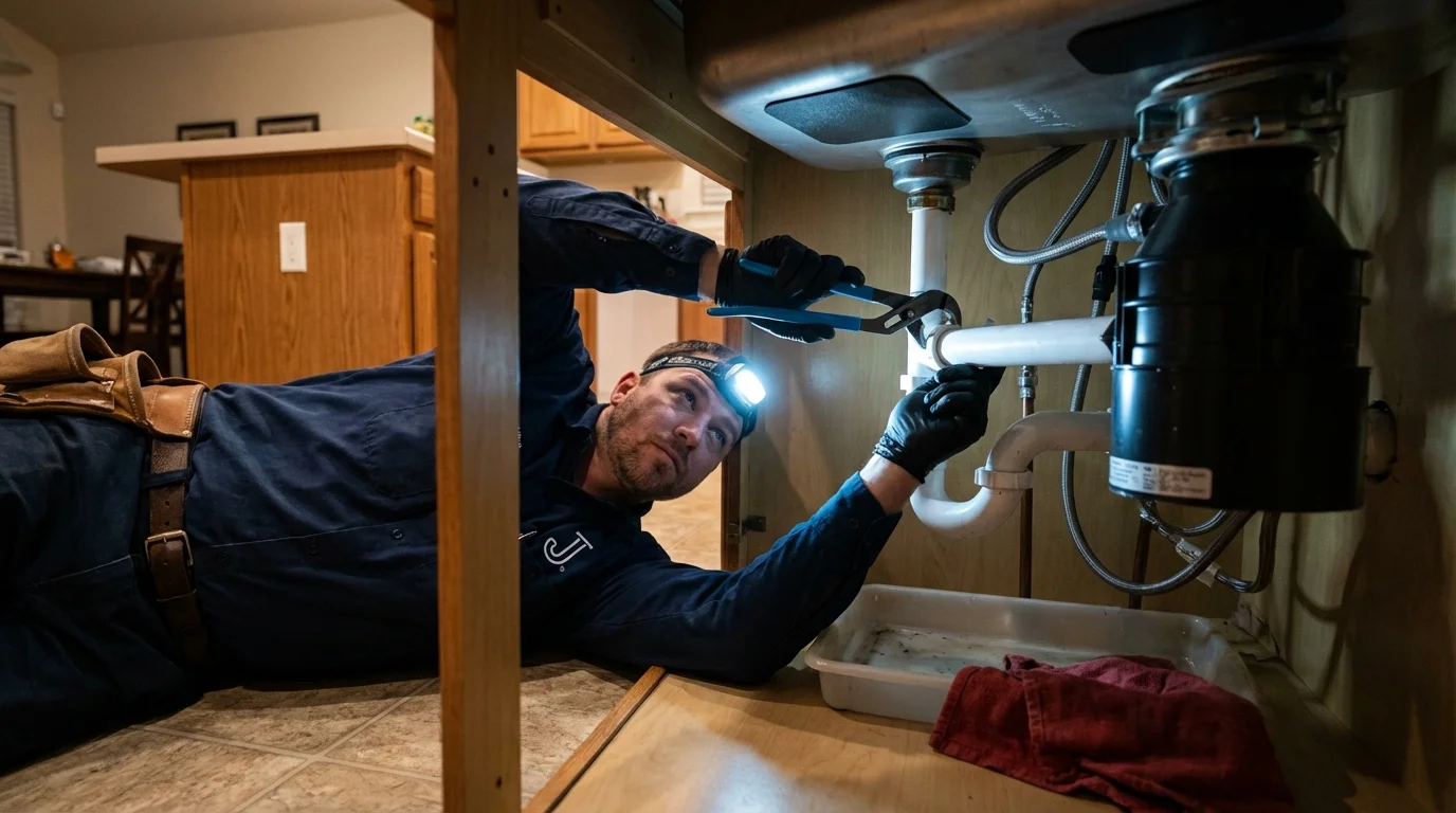 P-trap and supply line connections under a kitchen sink showing a common leak point in Kinderhook, NY
